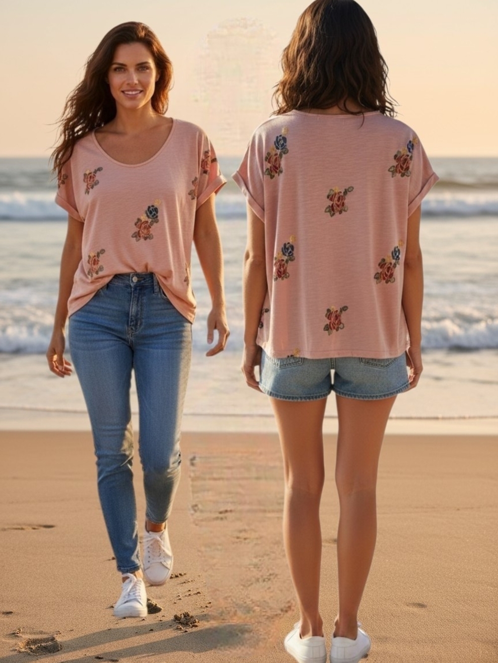 Kindred - NWT Apricot Embroidered Floral Ladies Blouse, Short Cuffed Sleeves, 2X